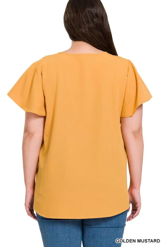 Plus Woven Flutter Sleeve V-Neck Top