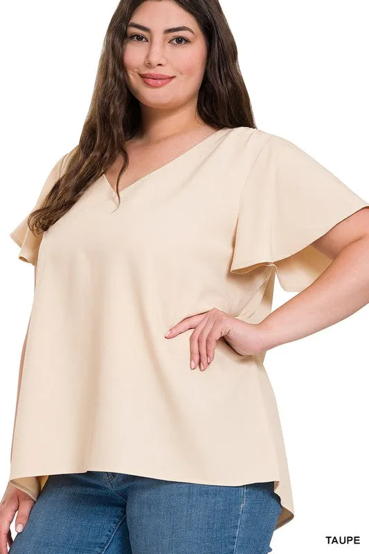 Plus Woven Flutter Sleeve V-Neck Top