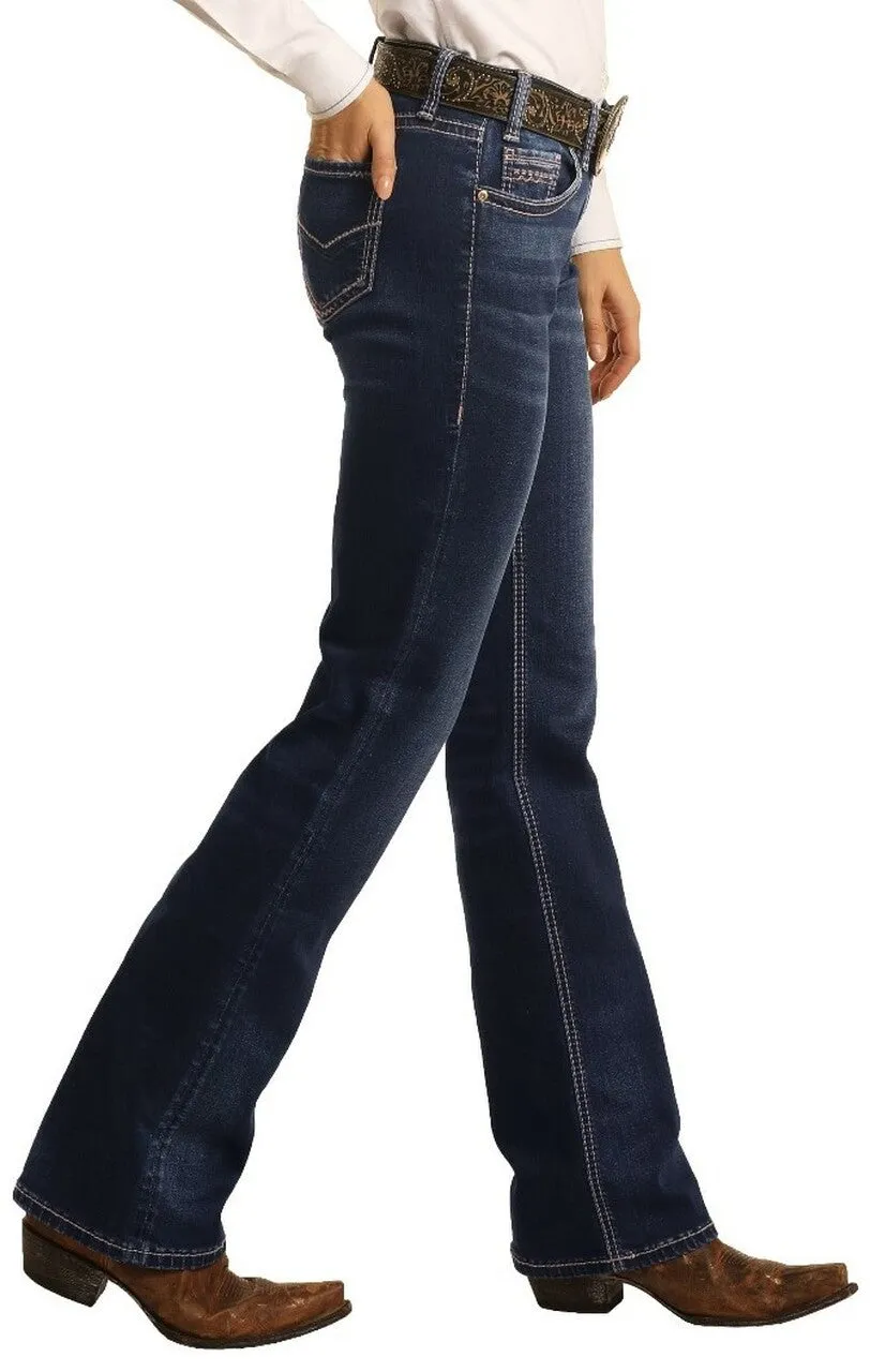 Rock & Roll Denim Ladies Mid Rise Extra Stretch Bootcut Riding Jeans- Dark Wash