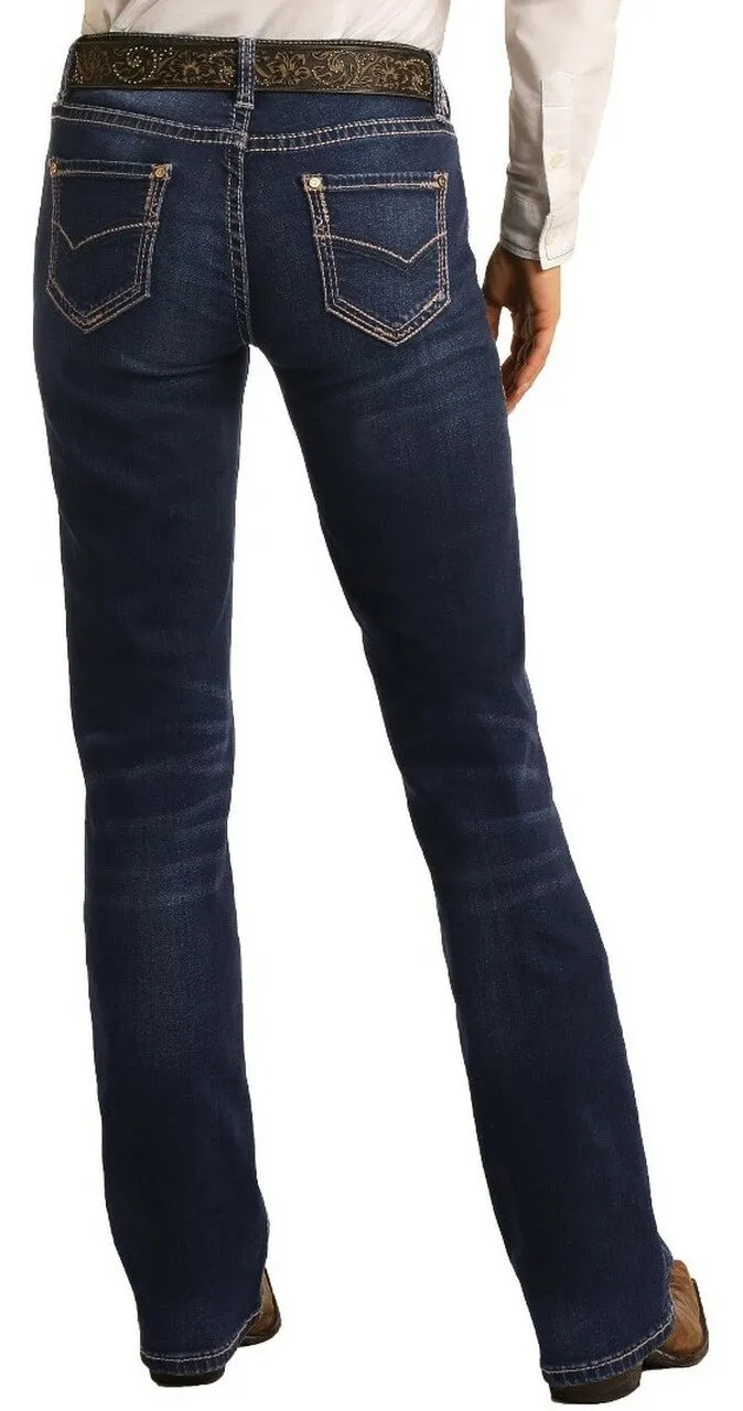 Rock & Roll Denim Ladies Mid Rise Extra Stretch Bootcut Riding Jeans- Dark Wash