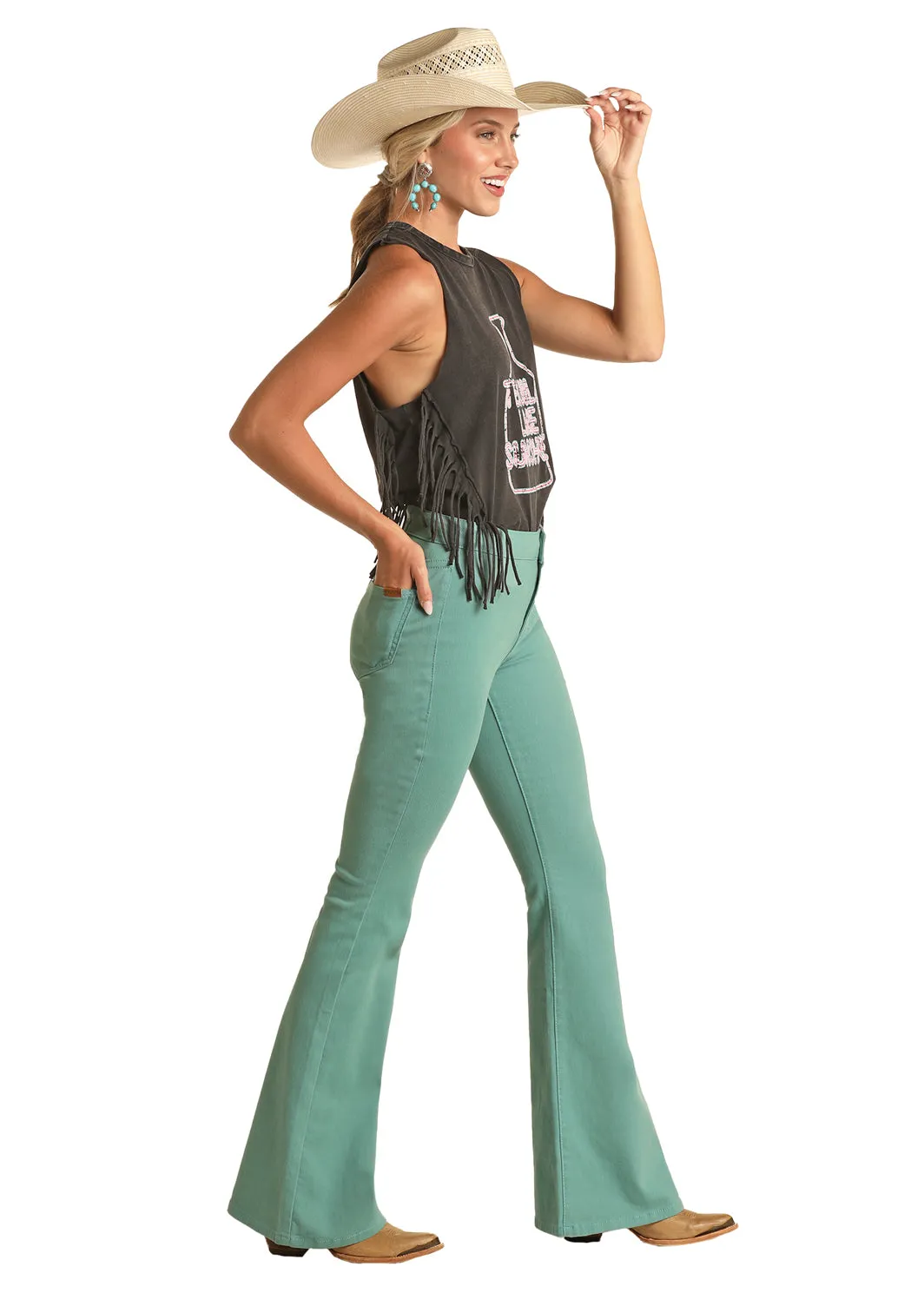 Rock & Roll Denim Ladies Turquoise Button Flare Jean