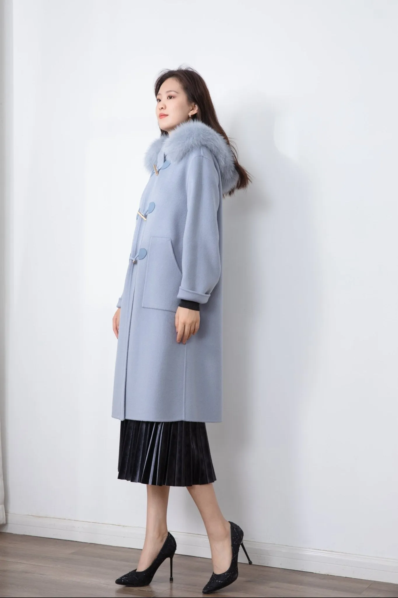 Shadow Blue Wool Overcoats with Fur Collar