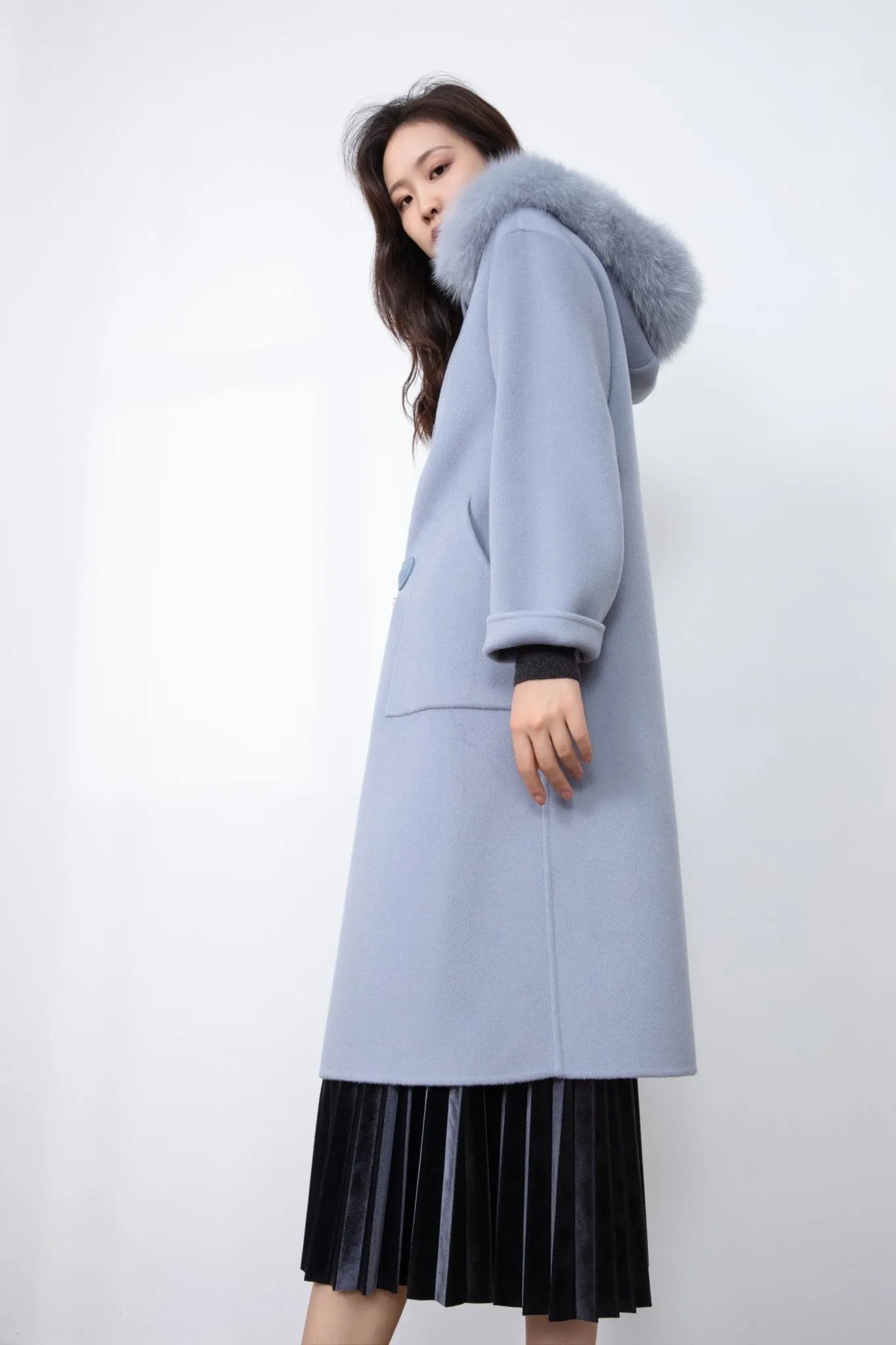 Shadow Blue Wool Overcoats with Fur Collar