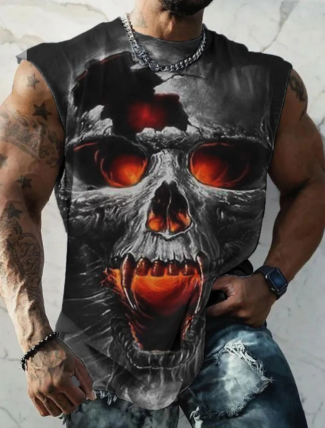 Skull Sleeveless Mens 3D Shirt For Halloween | Black Summer Cotton | Men'S Vest Top Graphic Skulls Crew Neck Clothing Apparel 3D Print Daily Sports Fashion Designer