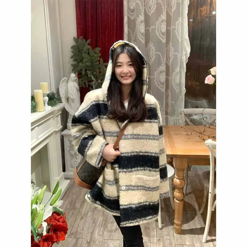 Thigh-Length Loose Fit Retro Stripe Hooded Wool Blend Coat