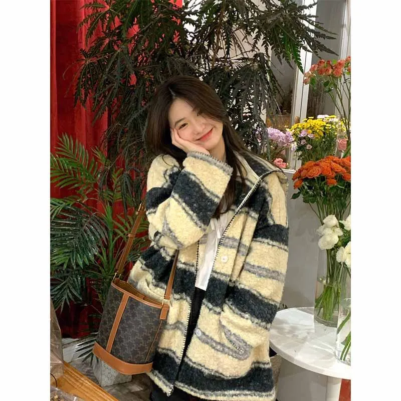 Thigh-Length Loose Fit Retro Stripe Hooded Wool Blend Coat