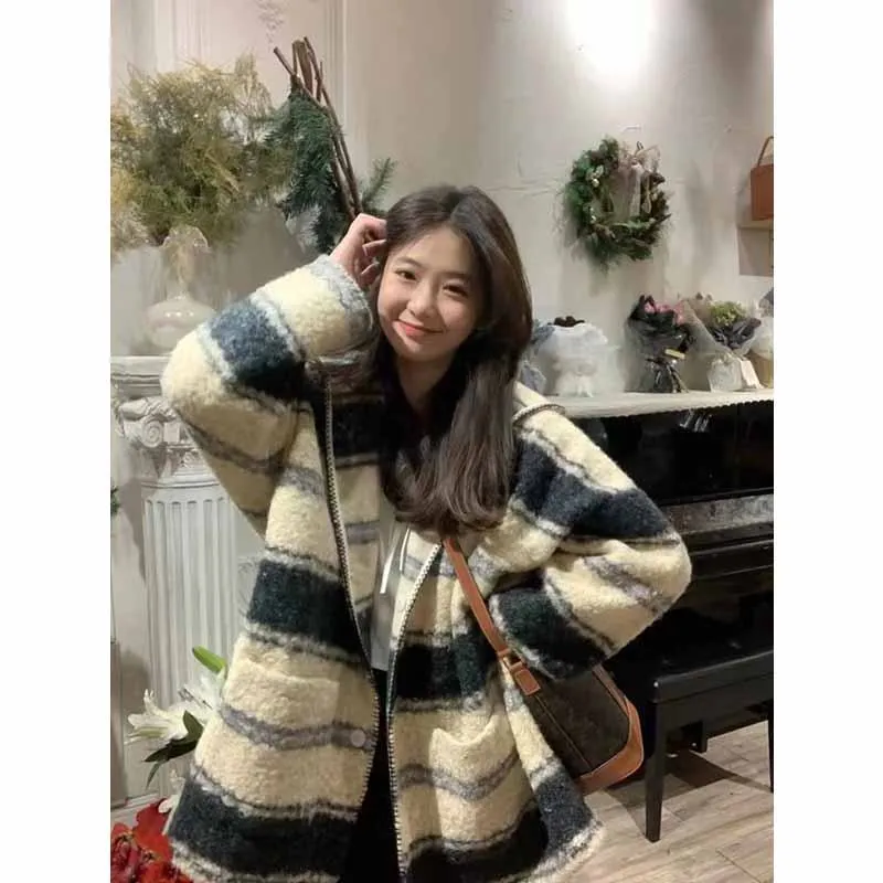 Thigh-Length Loose Fit Retro Stripe Hooded Wool Blend Coat