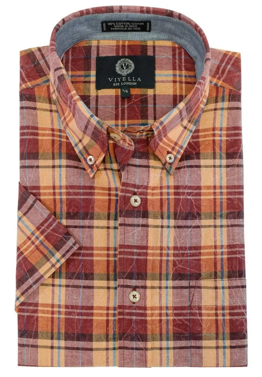 Viyella Red Plaid Madras Cotton Button Down Short Sleeve Shirts