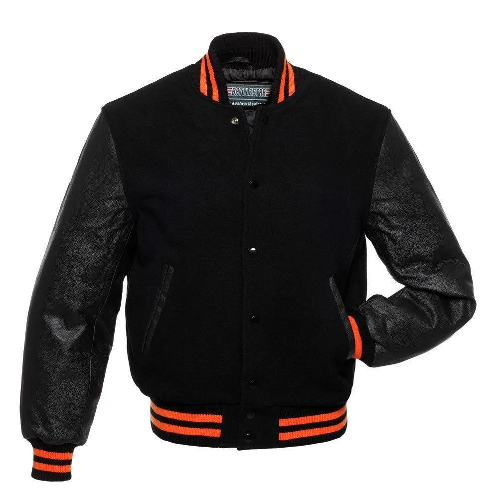 Warrior Gears Classic Hybrid Varsity Jacket University Letterman Bomber Jacket, Pure Wool & Original Cowhide Leather Jacket, All Black and Orange Ribbon