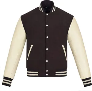 Warrior Gears Classic Hybrid Varsity Jacket University Letterman Bomber Jacket, Pure Wool & Original Cowhide Leather Jacket, Brown Pure Wool Body & Cream Real Leather Sleeves