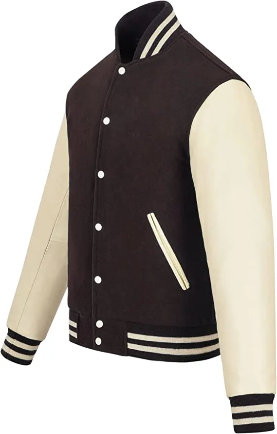 Warrior Gears Classic Hybrid Varsity Jacket University Letterman Bomber Jacket, Pure Wool & Original Cowhide Leather Jacket, Brown Pure Wool Body & Cream Real Leather Sleeves