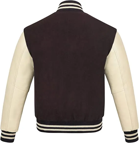 Warrior Gears Classic Hybrid Varsity Jacket University Letterman Bomber Jacket, Pure Wool & Original Cowhide Leather Jacket, Brown Pure Wool Body & Cream Real Leather Sleeves