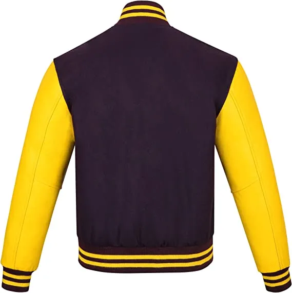 Warrior Gears Classic Hybrid Varsity Jacket University Letterman Bomber Jacket, Pure Wool & Original Cowhide Leather Jacket, Purple Pure Wool Body & Yellow Real Leather Sleeves