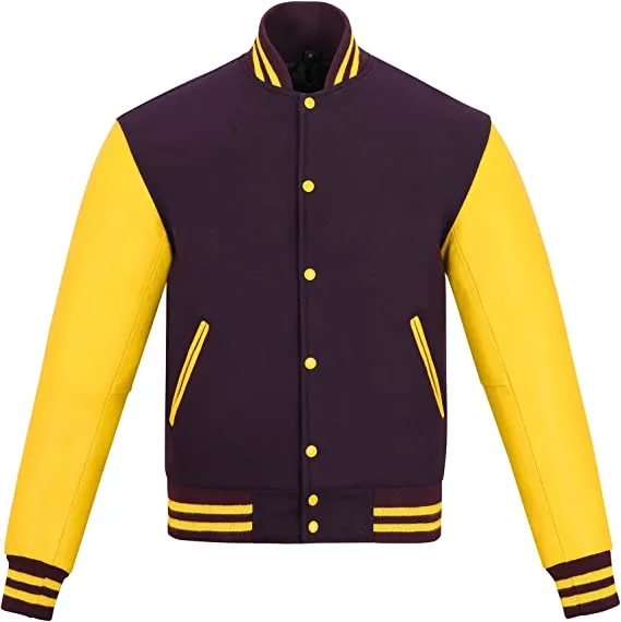 Warrior Gears Classic Hybrid Varsity Jacket University Letterman Bomber Jacket, Pure Wool & Original Cowhide Leather Jacket, Purple Pure Wool Body & Yellow Real Leather Sleeves