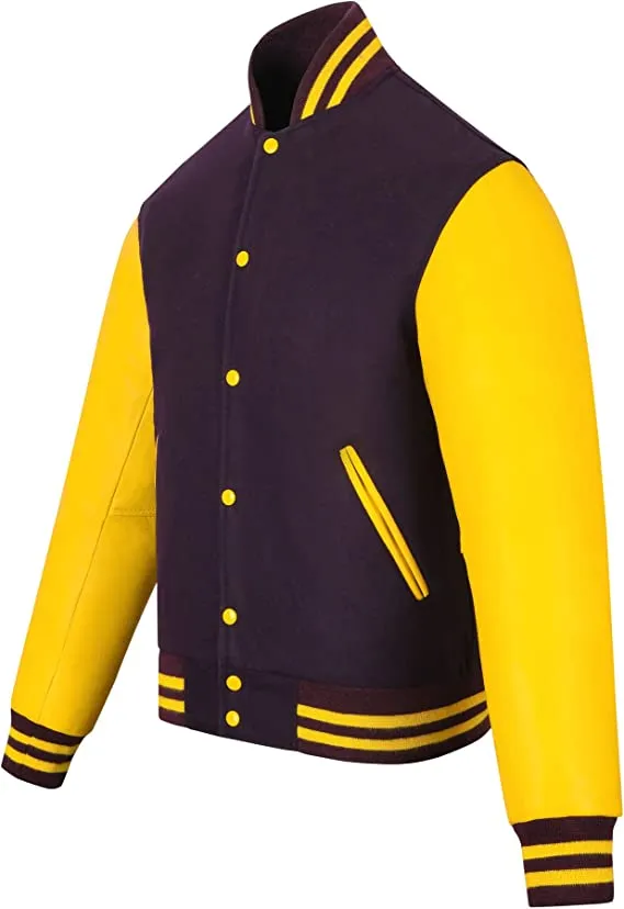 Warrior Gears Classic Hybrid Varsity Jacket University Letterman Bomber Jacket, Pure Wool & Original Cowhide Leather Jacket, Purple Pure Wool Body & Yellow Real Leather Sleeves