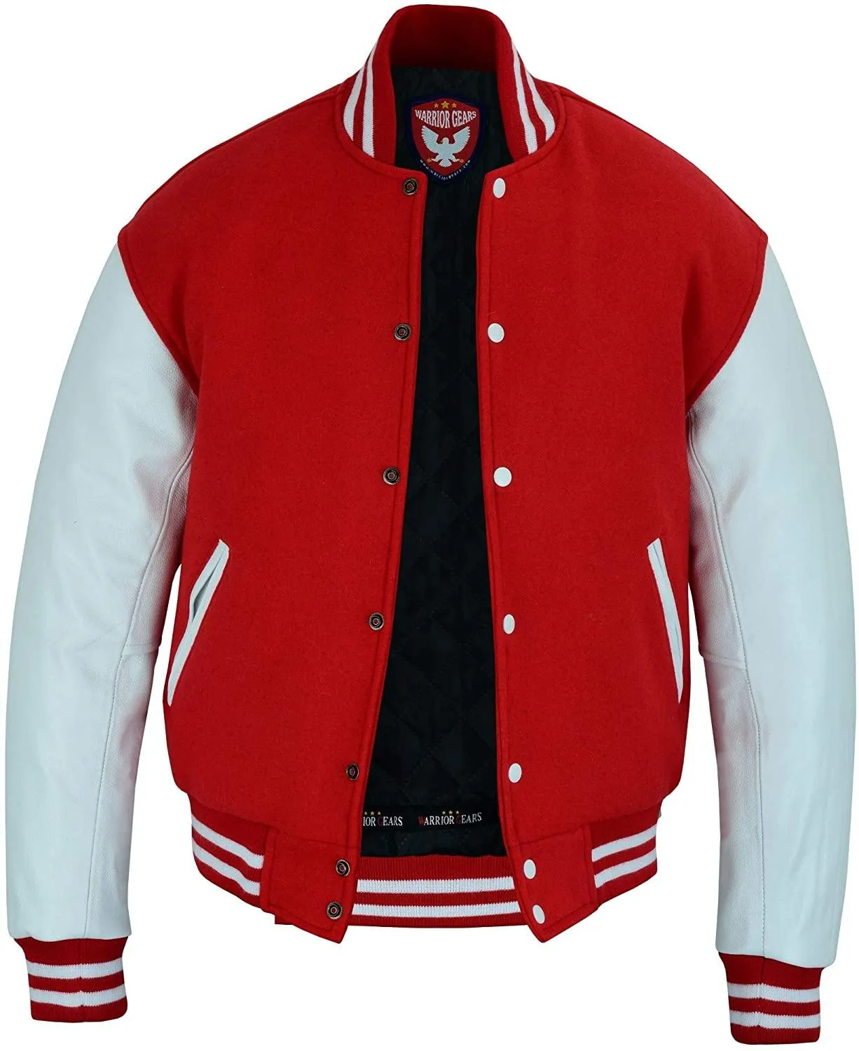 Warrior Gears Classic Hybrid Varsity Jacket University Letterman Bomber Jacket, Pure Wool & Original Cowhide Leather Jacket, Red Wool Body and White Leather Sleeves