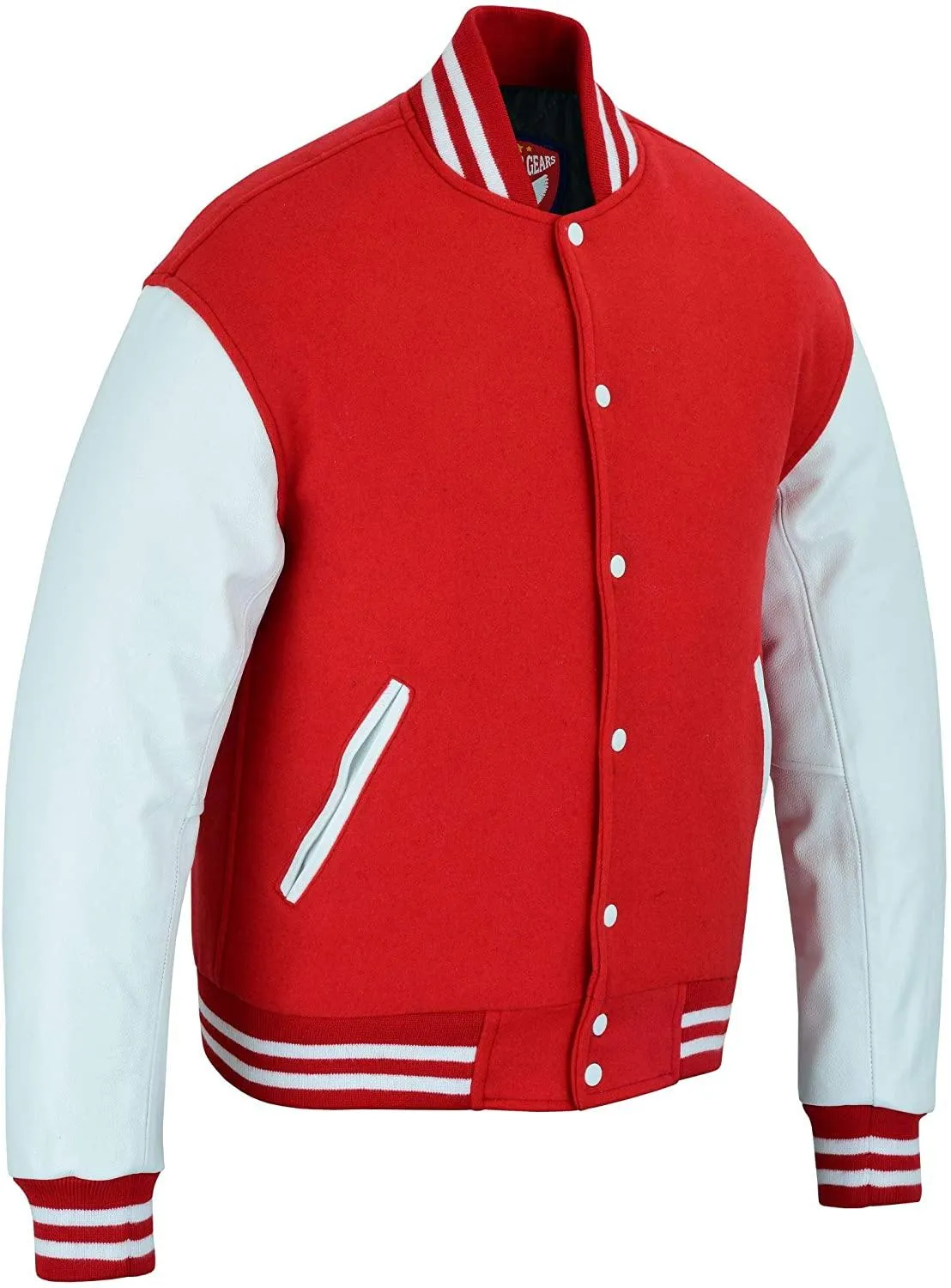 Warrior Gears Classic Hybrid Varsity Jacket University Letterman Bomber Jacket, Pure Wool & Original Cowhide Leather Jacket, Red Wool Body and White Leather Sleeves