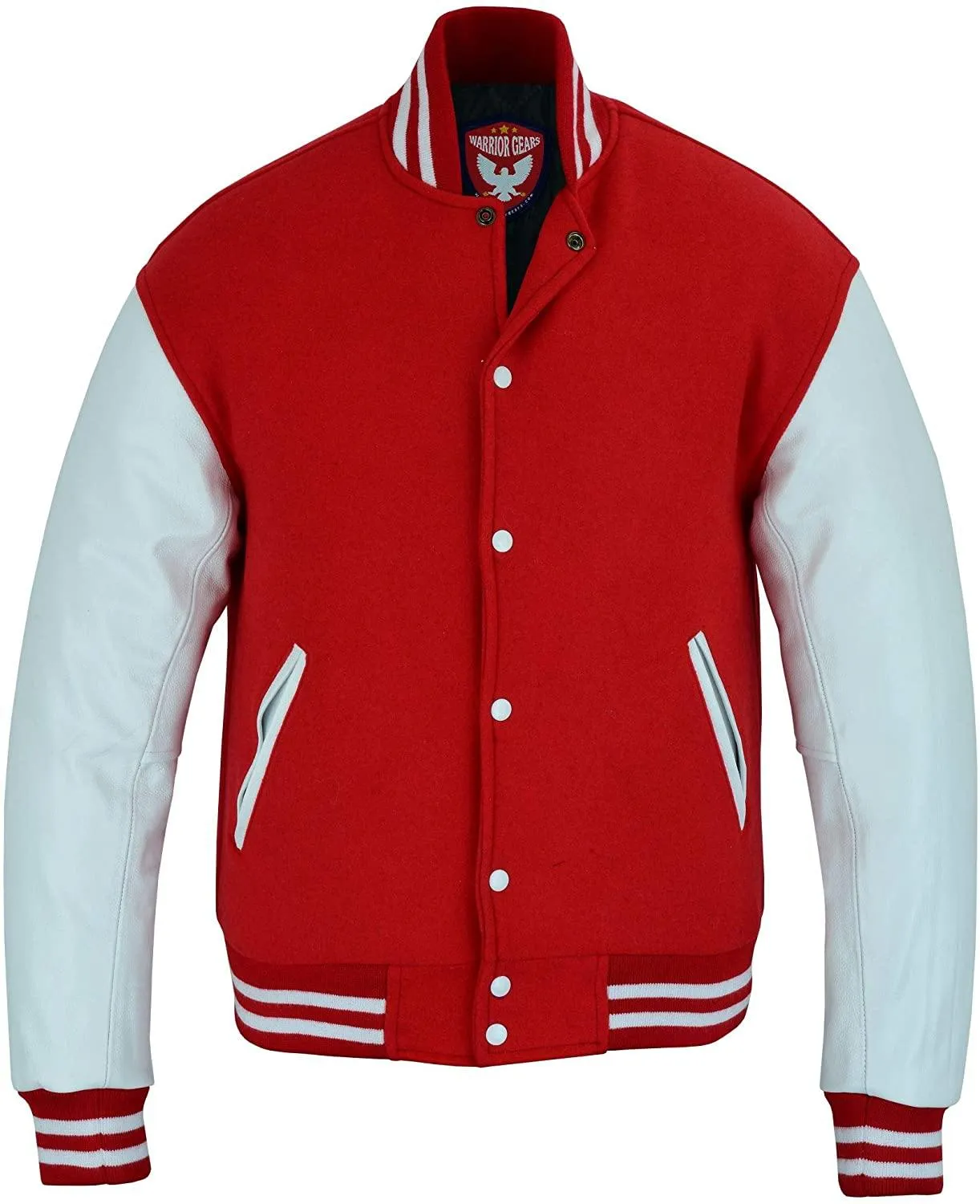 Warrior Gears Classic Hybrid Varsity Jacket University Letterman Bomber Jacket, Pure Wool & Original Cowhide Leather Jacket, Red Wool Body and White Leather Sleeves