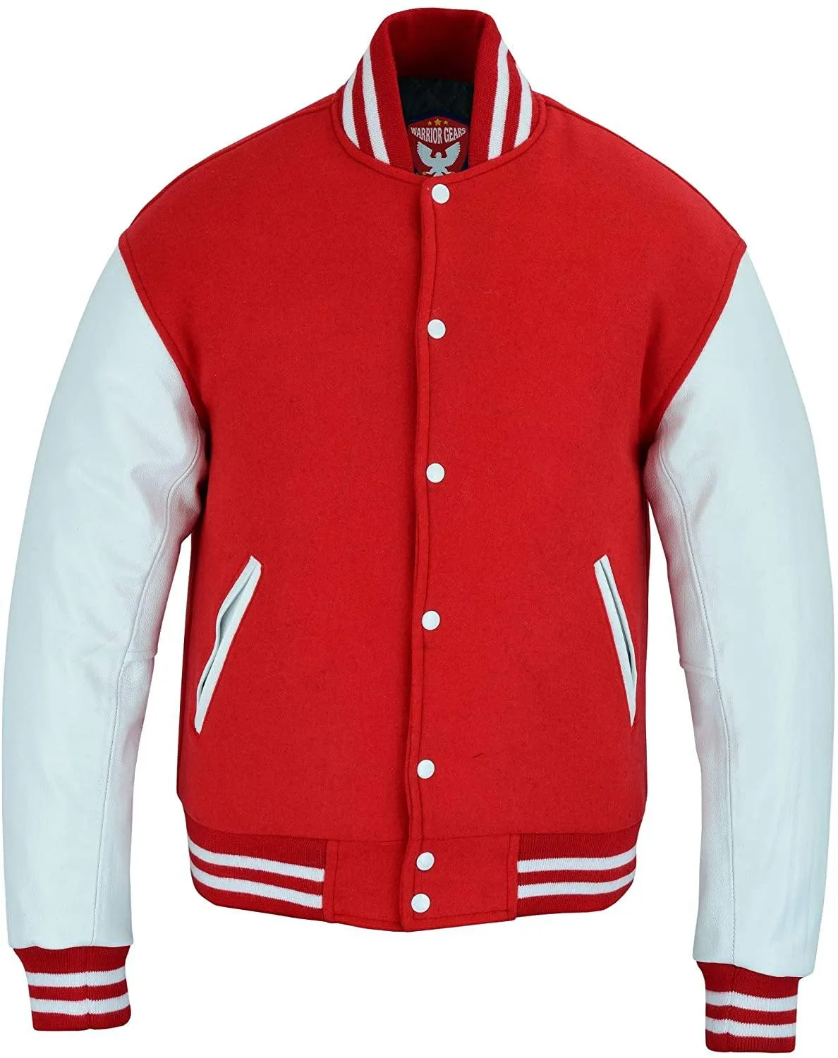 Warrior Gears Classic Hybrid Varsity Jacket University Letterman Bomber Jacket, Pure Wool & Original Cowhide Leather Jacket, Red Wool Body and White Leather Sleeves