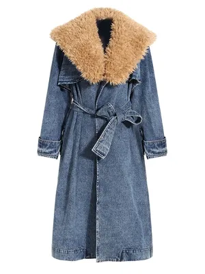 Women's Denim Trench Coat – Detachable Faux Fur Collar