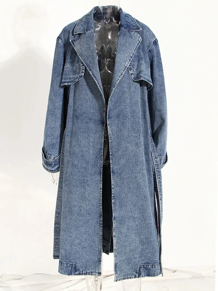 Women's Denim Trench Coat – Detachable Faux Fur Collar