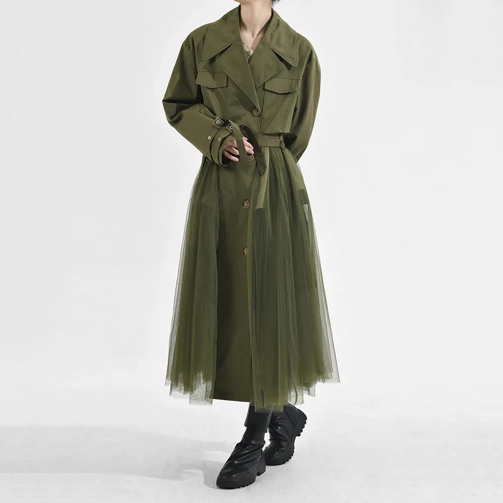 Women's Elegant Trench Coat with Pleated Mesh