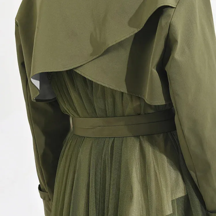 Women's Elegant Trench Coat with Pleated Mesh