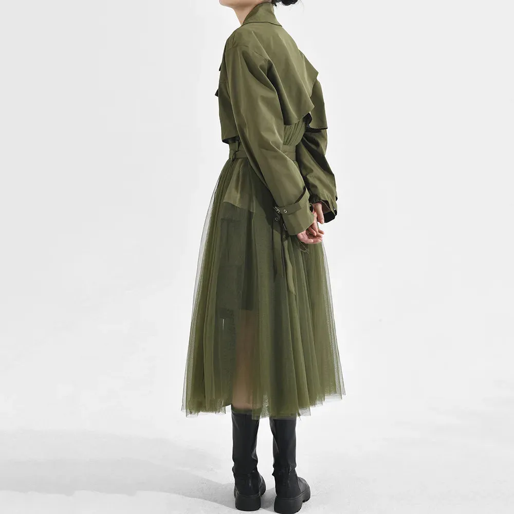 Women's Elegant Trench Coat with Pleated Mesh