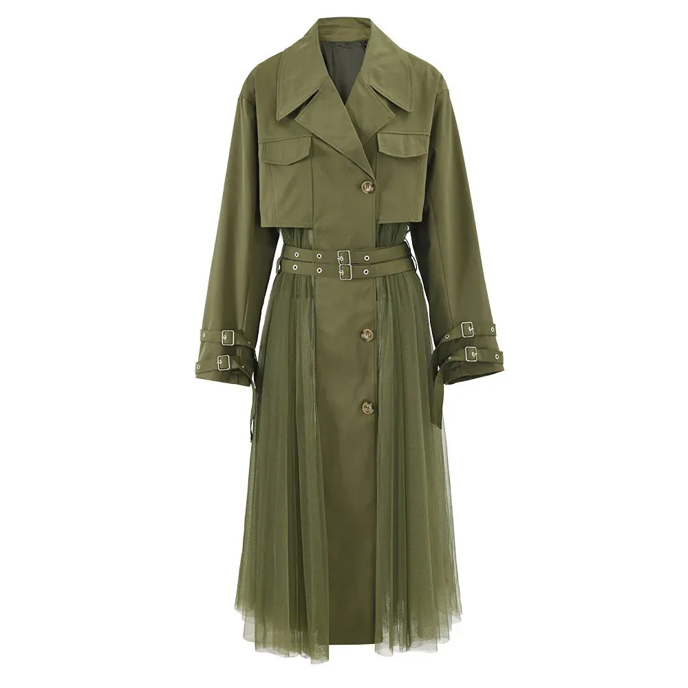 Women's Elegant Trench Coat with Pleated Mesh