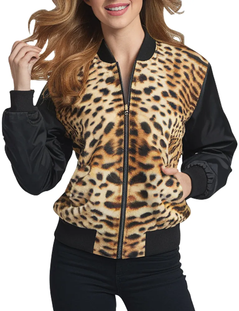 Women's Leopard Print Bomber Jacket With Black Sleeves