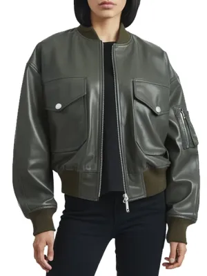 Women's Olive Green Leather Bomber Jacket With Hood