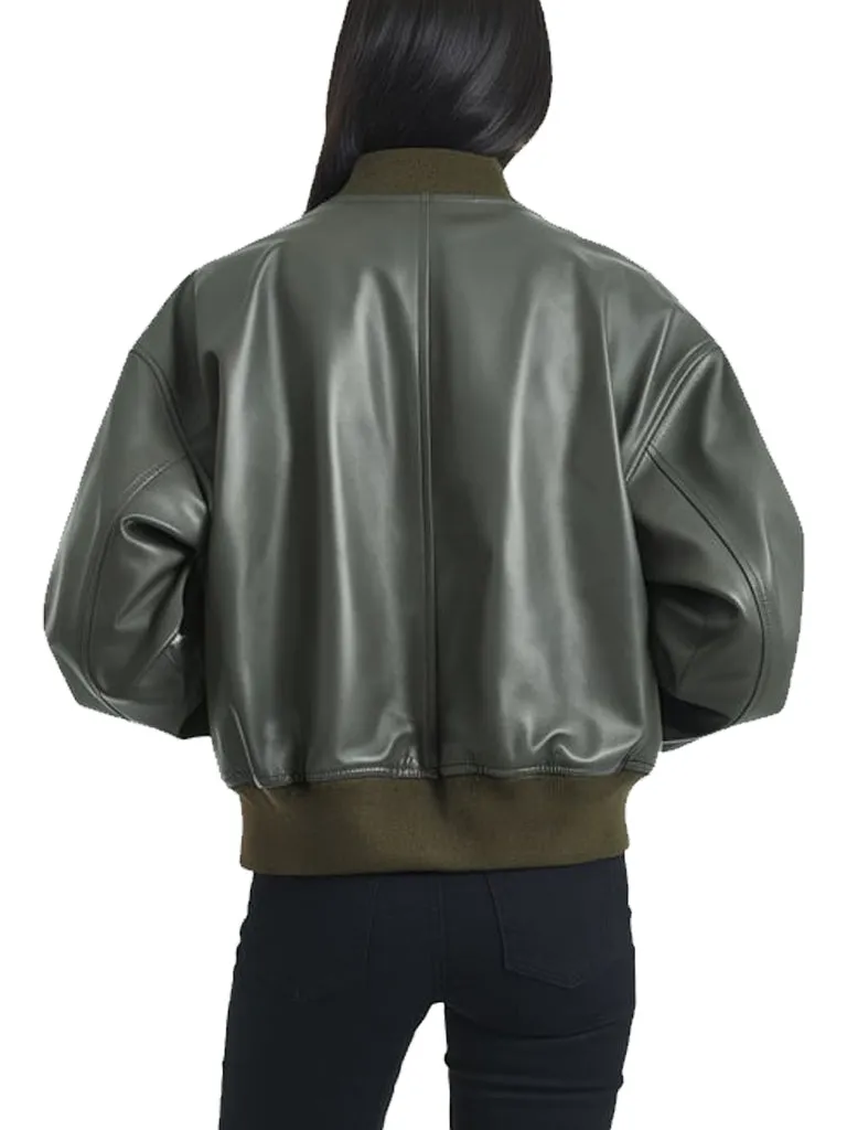 Women's Olive Green Leather Bomber Jacket With Hood