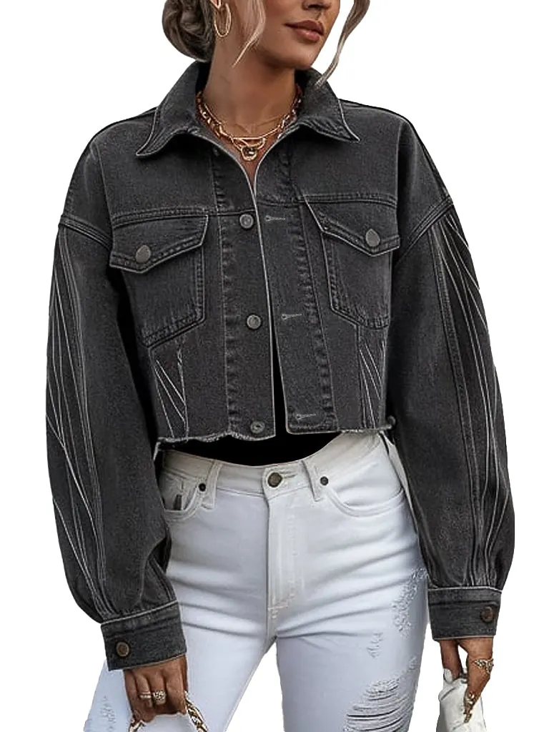 Women's Stylish Black Cropped Casual Denim Jacket