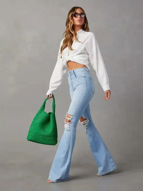 Women’s washed ripped high-waisted denim wide-leg trousers