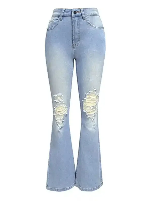 Women’s washed ripped high-waisted denim wide-leg trousers